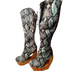 Jeffrey Campbell Rockferry Boots Size 7 Blue Snakeskin Brown Platform Knee High